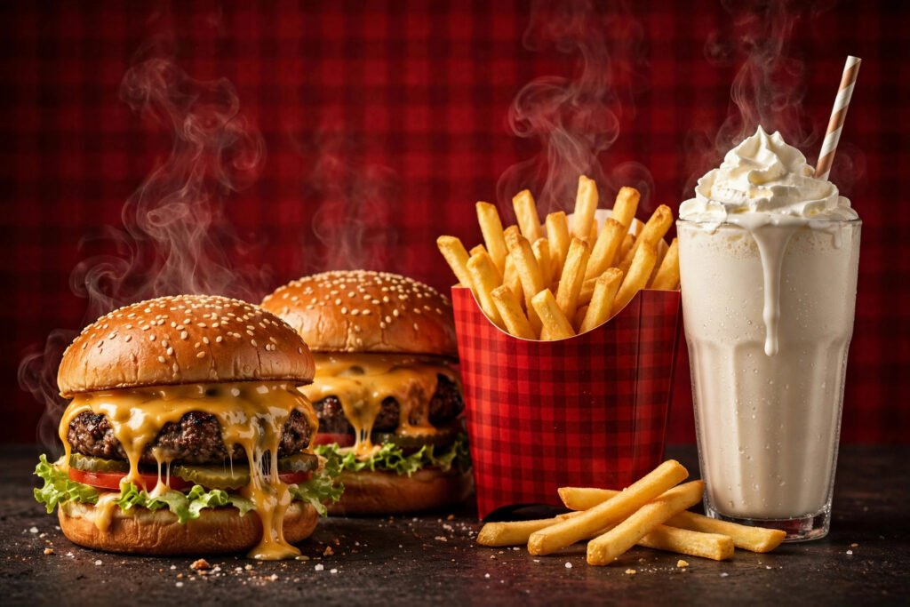 Five Guys cheeseburgers, french fries and milkshake